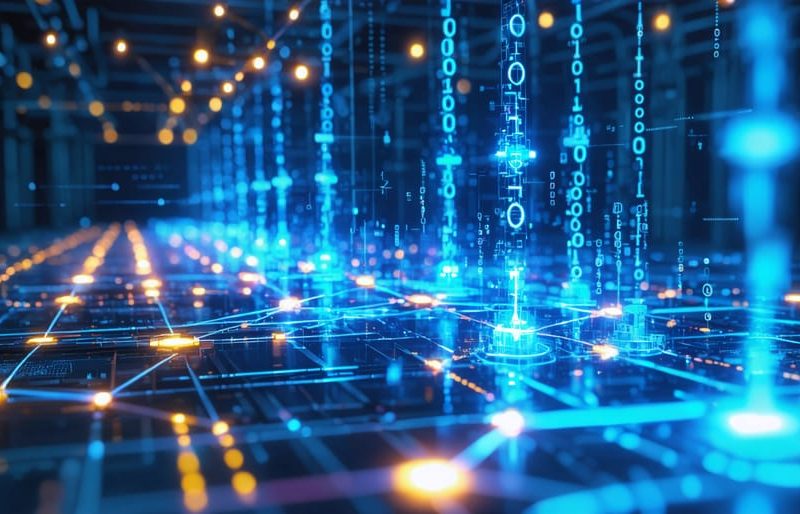 Illustration depicting a cyber attack on an energy system, highlighting the vulnerabilities of the power grid and digital threats, with elements of binary code and network connections.