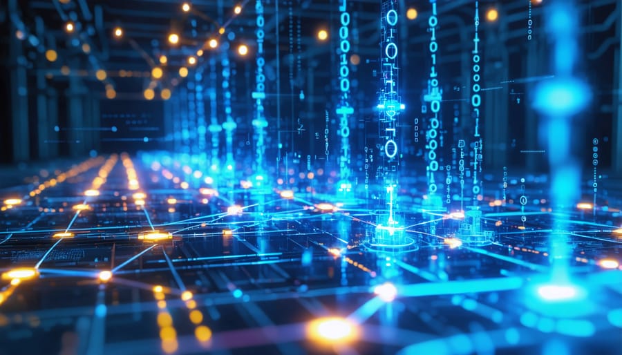 Illustration depicting a cyber attack on an energy system, highlighting the vulnerabilities of the power grid and digital threats, with elements of binary code and network connections.