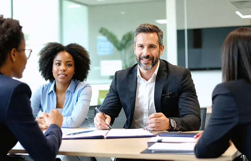 Professional property manager in business attire attentively listening and engaging with a diverse group of tenants in a modern office setting.