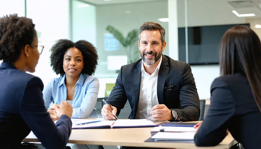 Professional property manager in business attire attentively listening and engaging with a diverse group of tenants in a modern office setting.