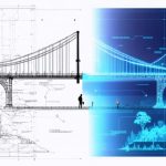 A digital artwork illustrating the integration of engineering blueprints and video game simulations, depicting a bridge with technical drawings on one side and a colorful 3D simulated bridge on the other.