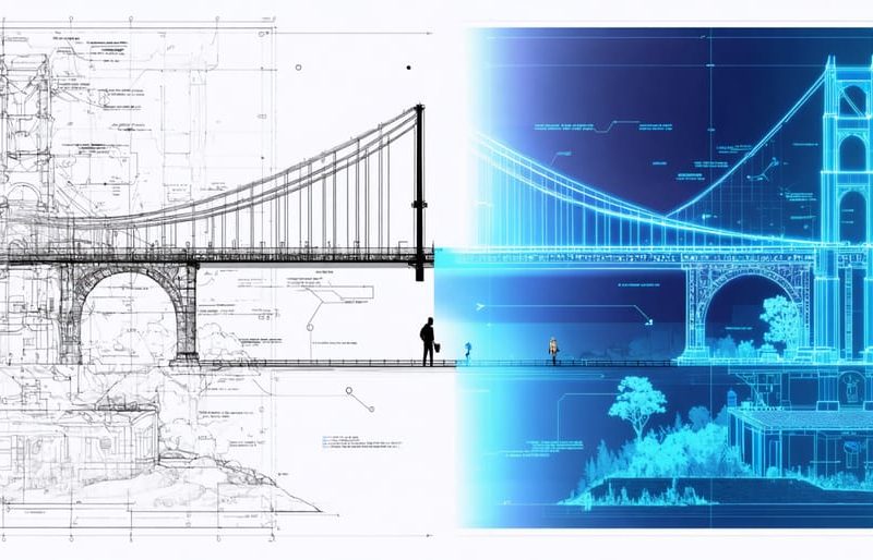 A digital artwork illustrating the integration of engineering blueprints and video game simulations, depicting a bridge with technical drawings on one side and a colorful 3D simulated bridge on the other.