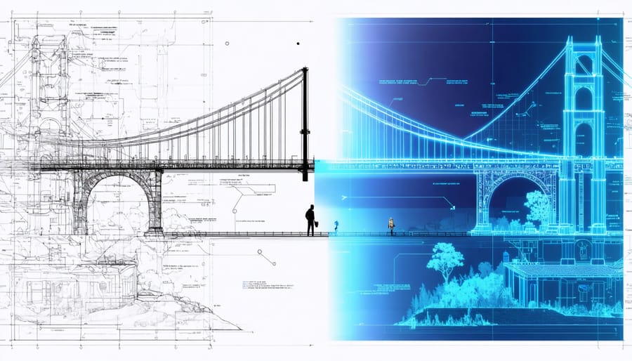A digital artwork illustrating the integration of engineering blueprints and video game simulations, depicting a bridge with technical drawings on one side and a colorful 3D simulated bridge on the other.