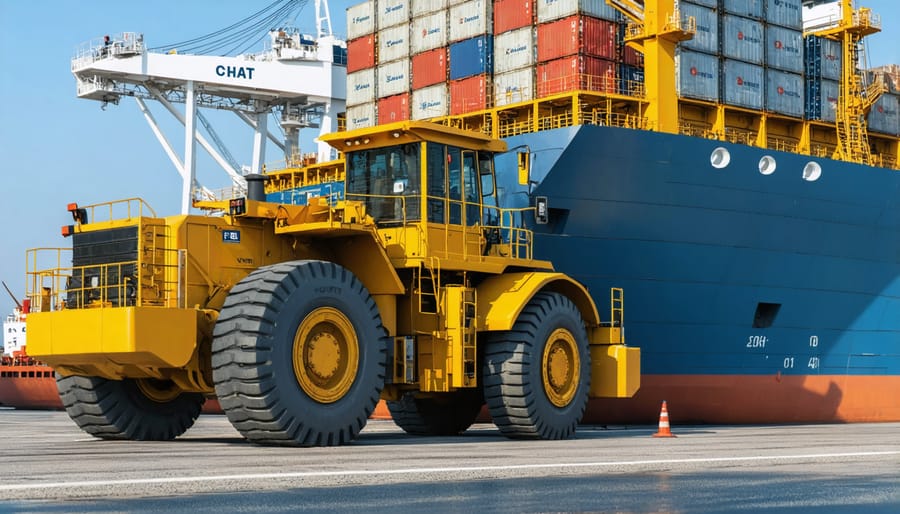 Crane loading construction machinery onto a container ship at an international port