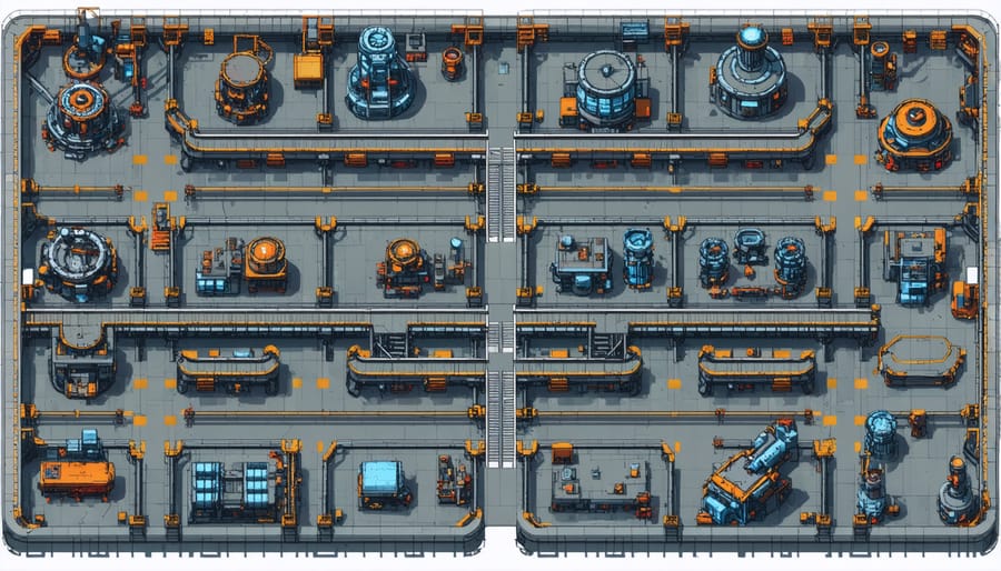 Overhead view of an optimized Factorio production facility showing automated manufacturing processes