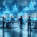 A modern architectural workspace with teams of architects using holographic screens and digital devices to collaborate on 3D building models, showcasing the seamless integration and advanced technology of R-Tools.
