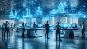 A modern architectural workspace with teams of architects using holographic screens and digital devices to collaborate on 3D building models, showcasing the seamless integration and advanced technology of R-Tools.