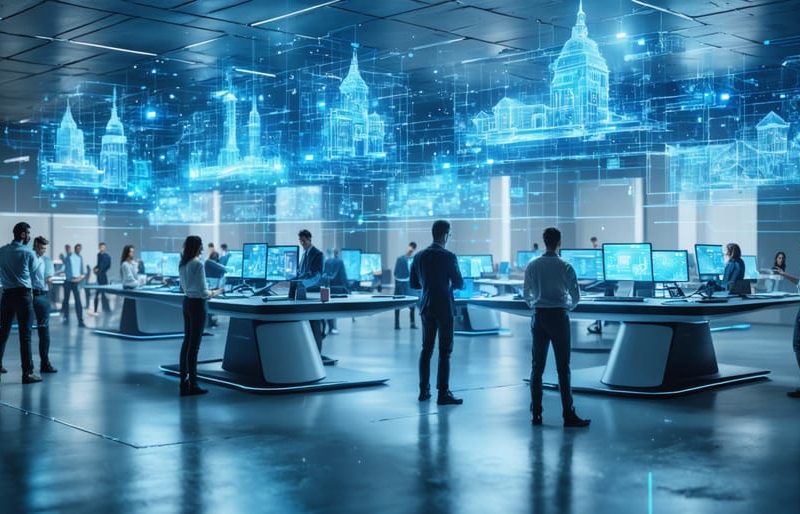 A modern architectural workspace with teams of architects using holographic screens and digital devices to collaborate on 3D building models, showcasing the seamless integration and advanced technology of R-Tools.