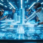 Innovative architectural workspace with diverse professionals interacting with holographic 3D models, representing advanced digital collaboration in modern design.