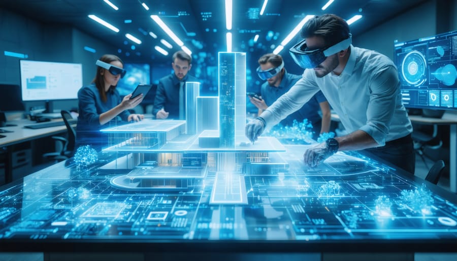 Innovative architectural workspace with diverse professionals interacting with holographic 3D models, representing advanced digital collaboration in modern design.