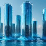 Futuristic city skyline with skyscrapers protected by hydrophobic coatings, showcasing water droplets beading and sliding off glossy building surfaces, symbolizing advanced protection technology.