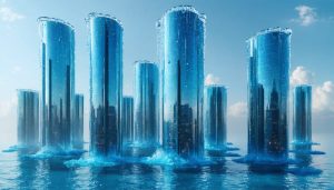 Futuristic city skyline with skyscrapers protected by hydrophobic coatings, showcasing water droplets beading and sliding off glossy building surfaces, symbolizing advanced protection technology.