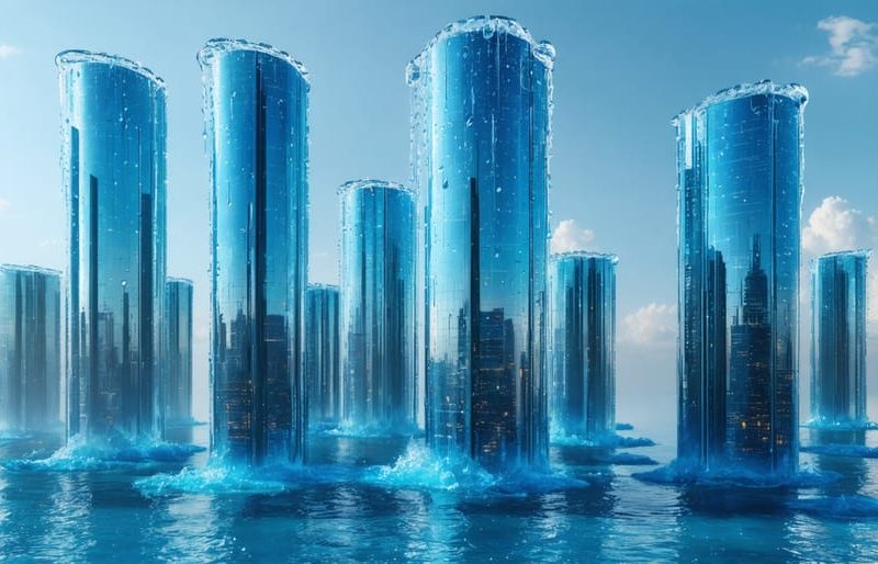 Futuristic city skyline with skyscrapers protected by hydrophobic coatings, showcasing water droplets beading and sliding off glossy building surfaces, symbolizing advanced protection technology.