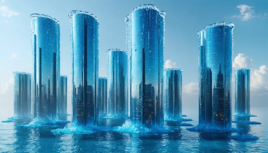 Futuristic city skyline with skyscrapers protected by hydrophobic coatings, showcasing water droplets beading and sliding off glossy building surfaces, symbolizing advanced protection technology.