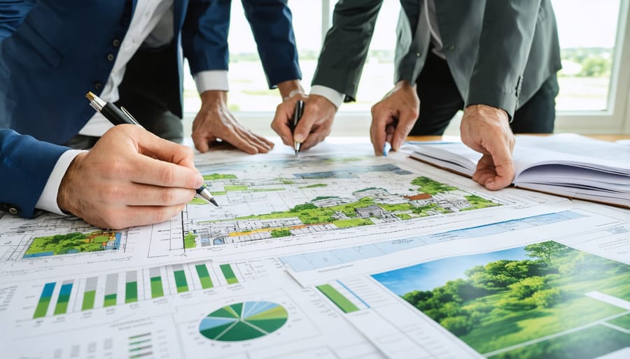 Architects and consultants examining LEED certification documents and sustainable design blueprints
