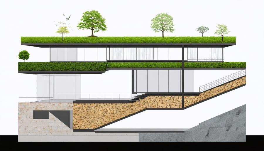 Technical illustration showing the different layers of a green roof including drainage, soil, and vegetation systems