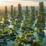 "Futuristic cityscape featuring integrated green spaces, including parks, rooftop gardens, and vertical gardens, illustrating the blend of nature and urban development in modern city planning."