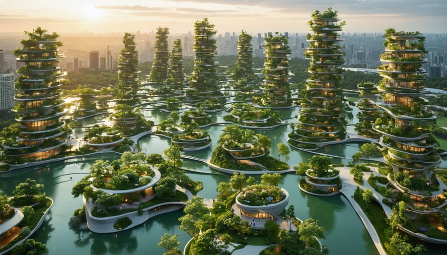 "Futuristic cityscape featuring integrated green spaces, including parks, rooftop gardens, and vertical gardens, illustrating the blend of nature and urban development in modern city planning."