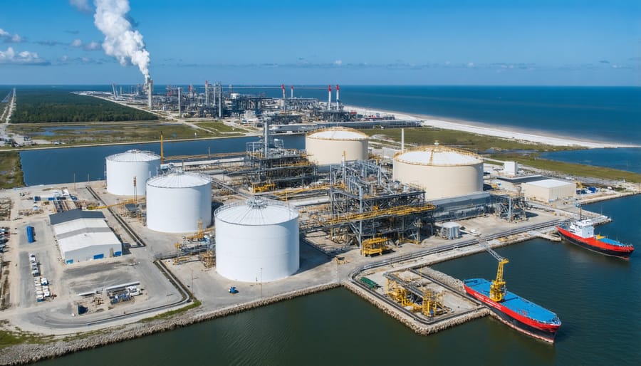 Bird's eye view of LNG export terminal construction site with multiple storage tanks and dock facilities