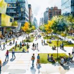 A bustling urban scene illustrating a human-centered design approach, featuring a diverse community actively using wide walkways, accessible green spaces, and modular areas designed for various community activities.
