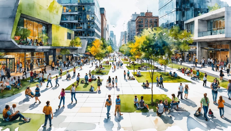 A bustling urban scene illustrating a human-centered design approach, featuring a diverse community actively using wide walkways, accessible green spaces, and modular areas designed for various community activities.