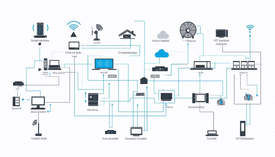 Infographic showing interconnected HVAC sensors, controllers, and IoT devices throughout a building