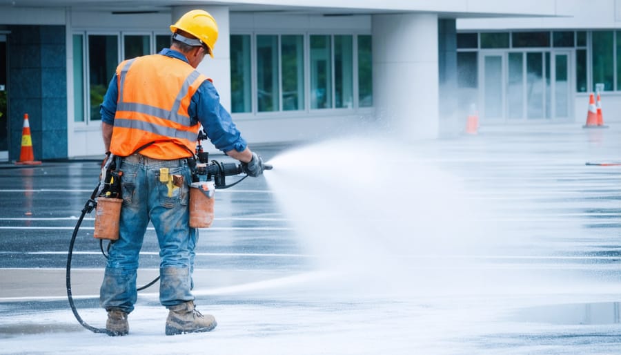 Professional application of hydrophobic coating on commercial building exterior