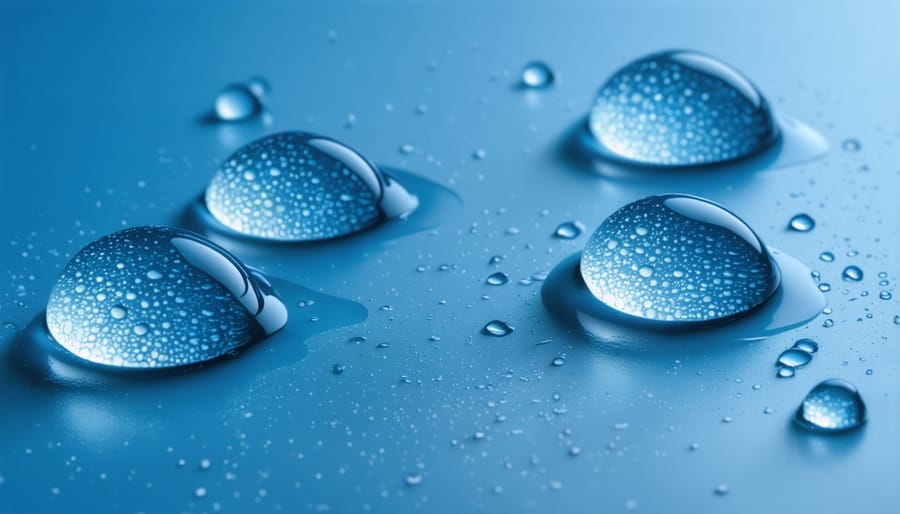 Microscopic view of water droplets demonstrating hydrophobic behavior on treated surface
