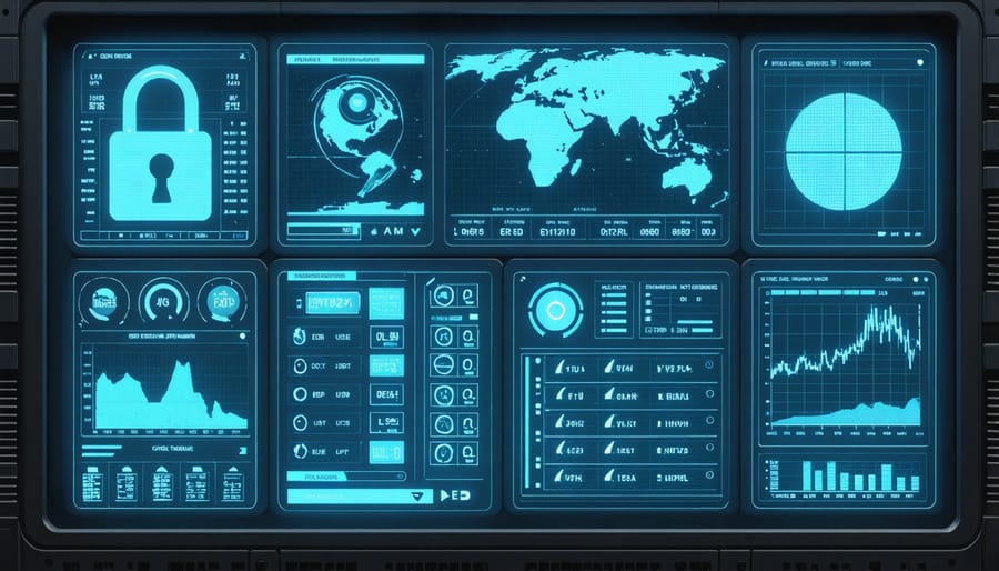 SCADA system security monitoring screen with real-time alerts and system status
