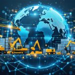 Conceptual depiction of a globe surrounded by construction materials and machinery, embedded within a digital network symbolizing global import-export rules and compliance standards.