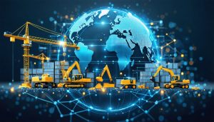 Conceptual depiction of a globe surrounded by construction materials and machinery, embedded within a digital network symbolizing global import-export rules and compliance standards.