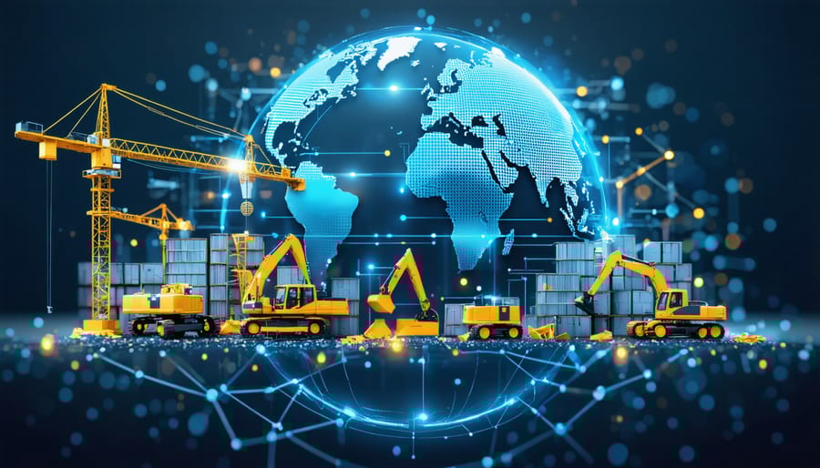 Conceptual depiction of a globe surrounded by construction materials and machinery, embedded within a digital network symbolizing global import-export rules and compliance standards.