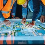 A diverse team of architects, engineers, and site workers collaborating around an interactive digital table, showcasing building plans and fostering inclusive design practices.