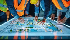 A diverse team of architects, engineers, and site workers collaborating around an interactive digital table, showcasing building plans and fostering inclusive design practices.