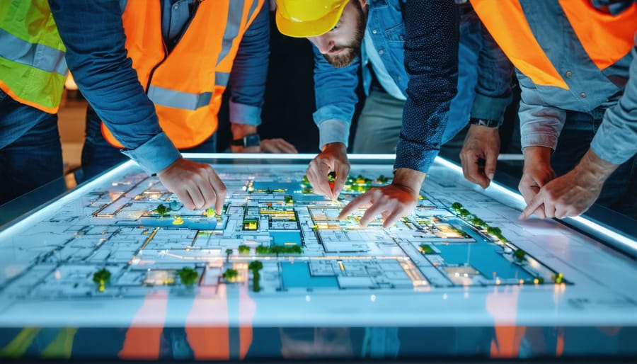 A diverse team of architects, engineers, and site workers collaborating around an interactive digital table, showcasing building plans and fostering inclusive design practices.