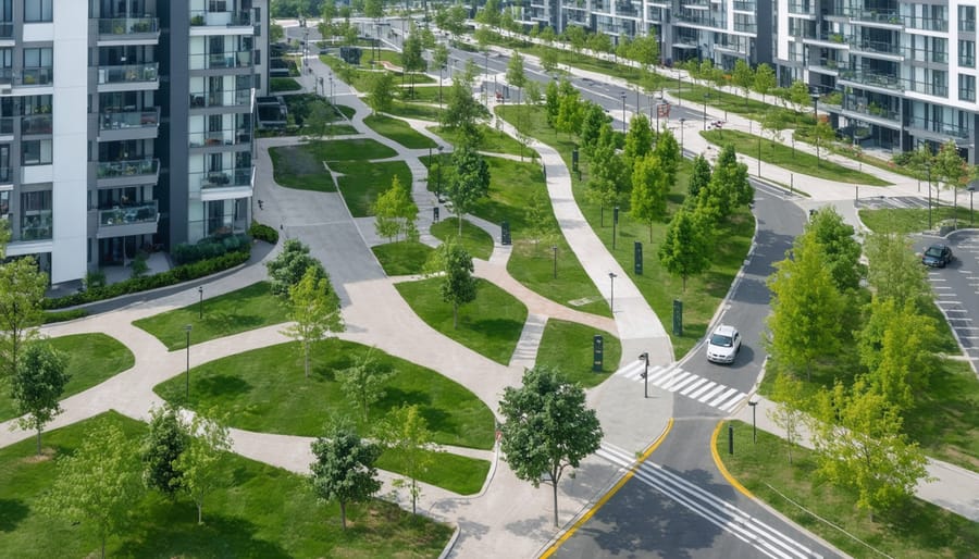 Bird's eye view of an inclusive urban development with sustainable infrastructure and community spaces