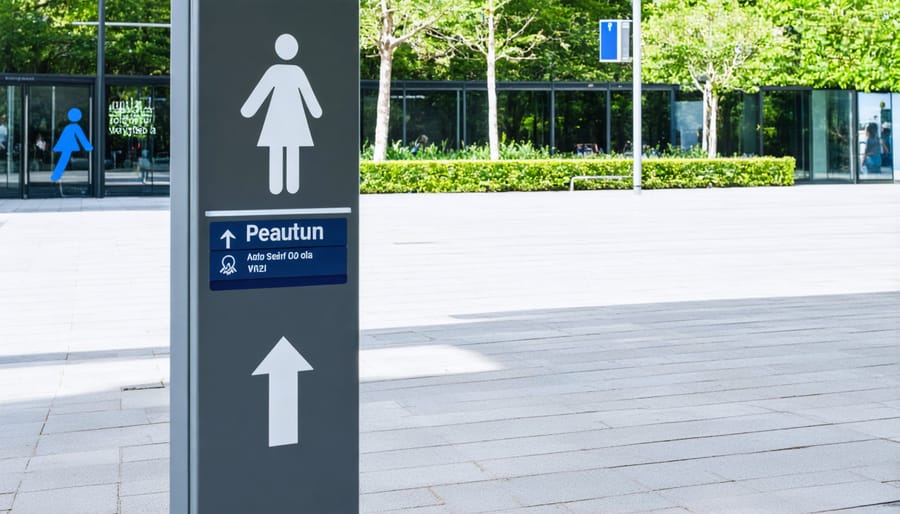 Intuitive navigation system featuring tactile maps, high-contrast signage, and universal symbols