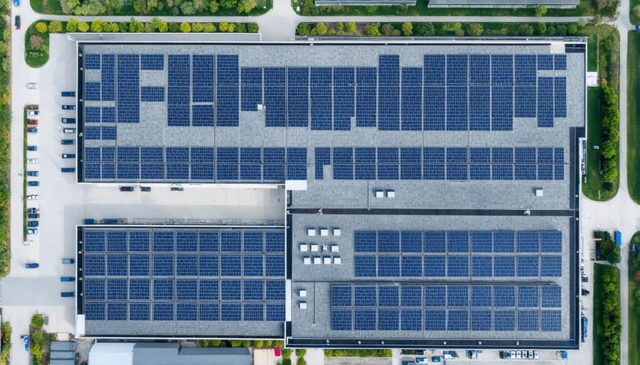 Industrial building featuring solar panels and battery storage units on roof