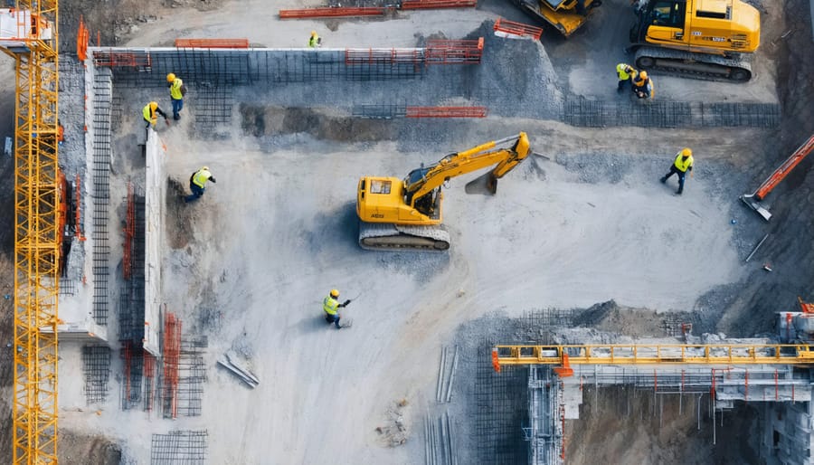 Bird's eye view of construction site showing integrated team operations