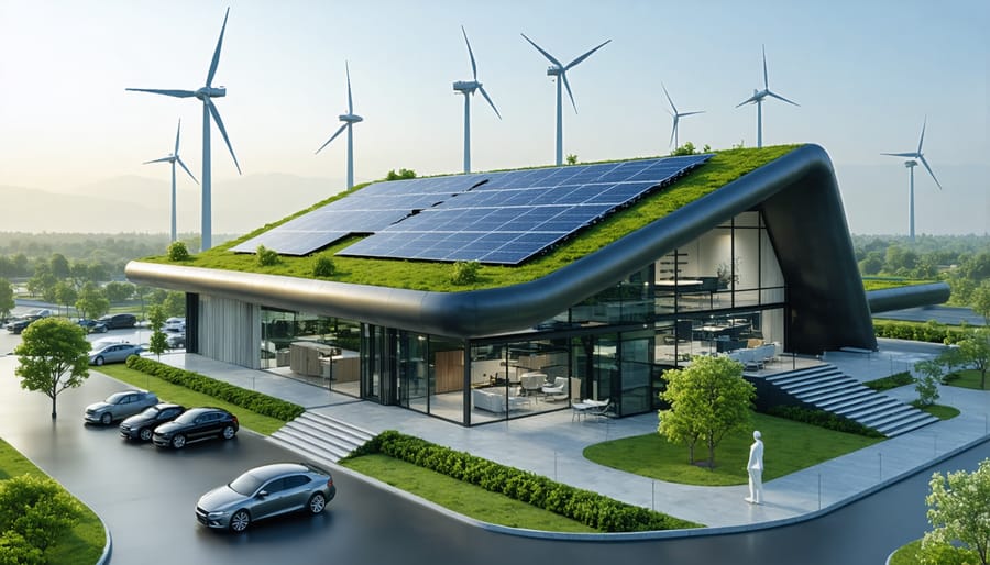 Contemporary sustainable building showcasing multiple renewable energy technologies