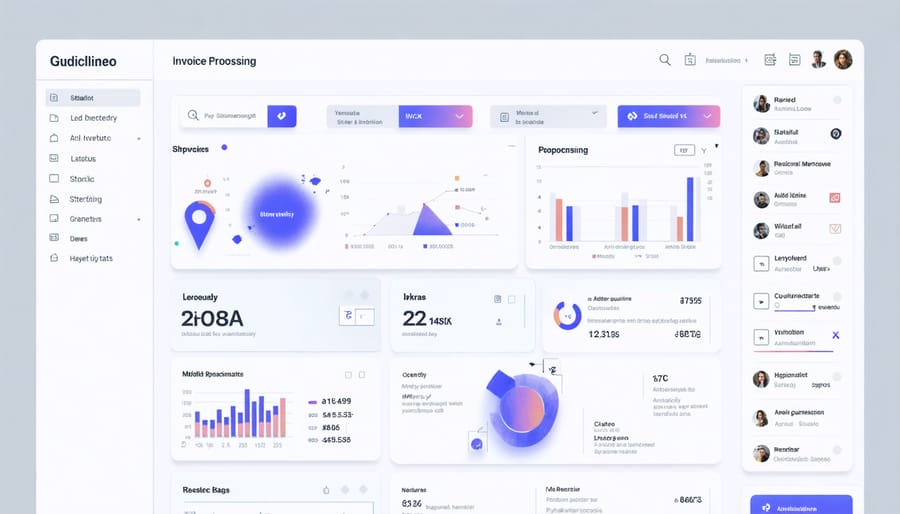 RPA invoice processing dashboard displaying automated workflow stages and analytics
