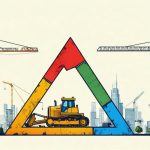 Illustration of the project management Iron Triangle with interconnected elements of time, cost, and scope, symbolizing their balance in construction success.