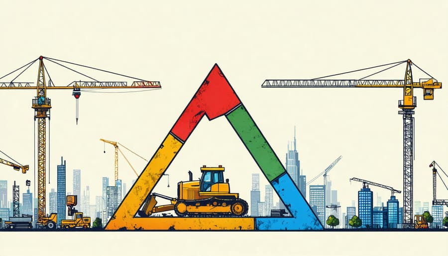 Illustration of the project management Iron Triangle with interconnected elements of time, cost, and scope, symbolizing their balance in construction success.