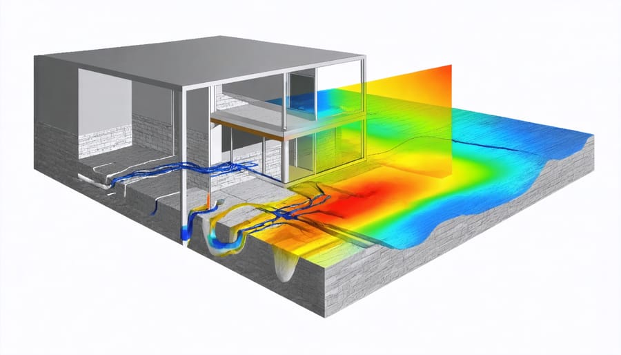 Digital representation of water leak detection system showing temperature variations and pressure points