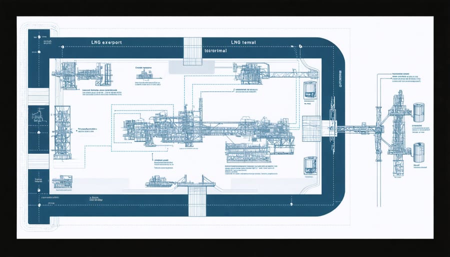 Detailed cross-section illustration of LNG terminal infrastructure and safety systems