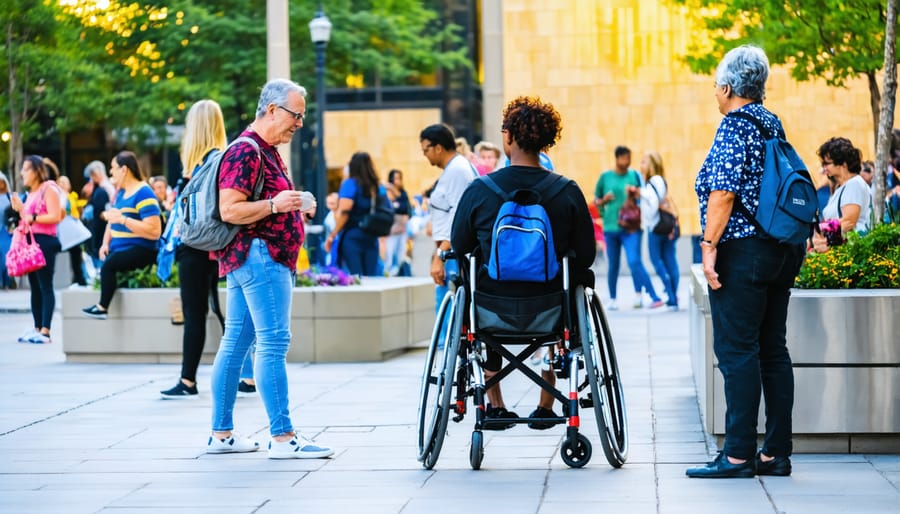 People of various ages and abilities enjoying universal design features in an Urban-X developed public space