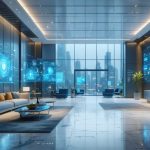 A contemporary office lobby with digital check-in kiosks, smart screens, and comfortable seating, representing the integration of technology in modern tenant experiences.
