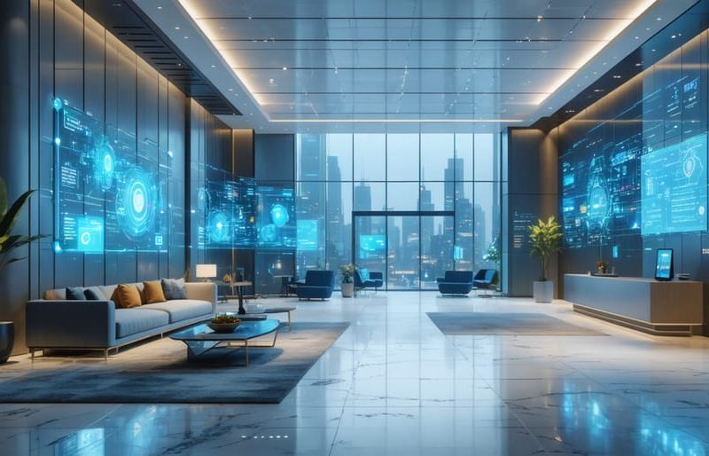 A contemporary office lobby with digital check-in kiosks, smart screens, and comfortable seating, representing the integration of technology in modern tenant experiences.