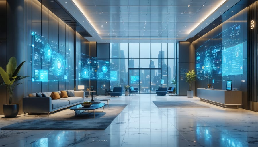 A contemporary office lobby with digital check-in kiosks, smart screens, and comfortable seating, representing the integration of technology in modern tenant experiences.