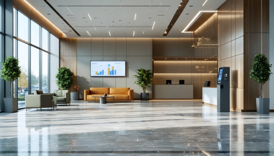 Contemporary office building lobby with integrated technology and modern amenities